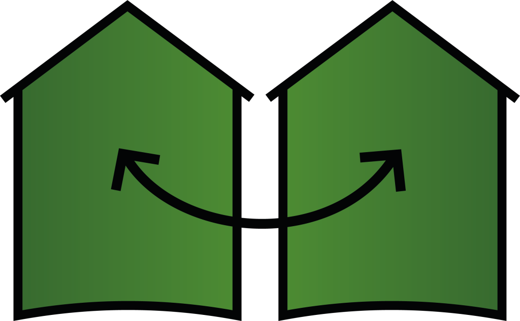 Zwei grüne Häuschen mit einem gebogenen Pfeil, der in beide Richtungen zeigt, symbolisiert eine gegenseitige Beziehung oder einen Austausch."