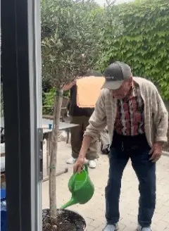 Senior arbeitet im Garten und gießt Pflanzen